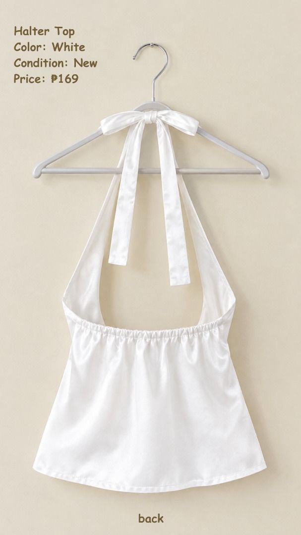 White Halter Top (Category: Sleeveless) located in Pasay City. Submitted by azestoreph (Listing ID 1470855693, Image 2). Description: MINE: 169 GRAB: 199 STEAL: 249 (automatically yours) - Condition: Brand new - Style: Halter top with plunging neckline and sleeveless cut - Fit & Comfort: Adjustable fabric neck ties and stretchy elasticized back band - Color: Clean solid white - Perfect for: Casual wear, beach days, or night outs.