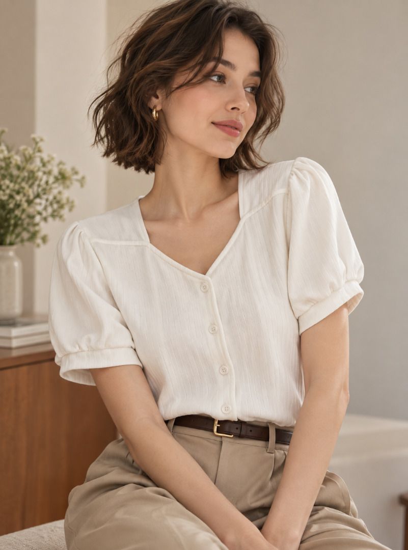 White V-Neck Button-Down Puff-Sleeve Ribbed Top - Medium to Large (Category: Blouses) located in Rizal. Submitted by loveyumiii (Listing ID 1470912974, Image 1). Description: ✨Buy 3 or more items and get a random top for free!!✨ FLAT LAY MEASUREMENTS Shoulder: 15 inches Bust: 18 inches Waist: 17 inches Length: 19 inches ——————————————— SIZE: Medium to Large COLOR: White MATERIAL: Ribbed Stretch Cotton-Poly Blend STYLE: Korean Minimalist / Casual 