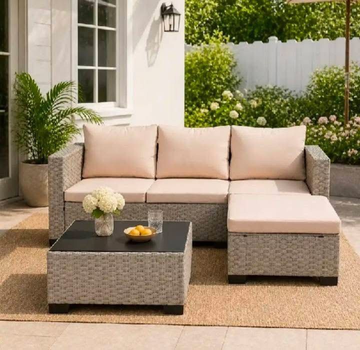 Wicker Patio Conversation Sofa Set with Table and Ottoman (Category: Sofas) located in Manila. Submitted by krissy_mercado (Listing ID 1470827063, Image 3). Description: - Complete set: Brown poly rattan sectional sofa, matching glass-top coffee table, and ottoman footrest - Comfort: Thick beige padded cushions for ultimate outdoor relaxation - Durability: Weather-resistant materials built for gardens, balconies, and poolside setups - Size: Total