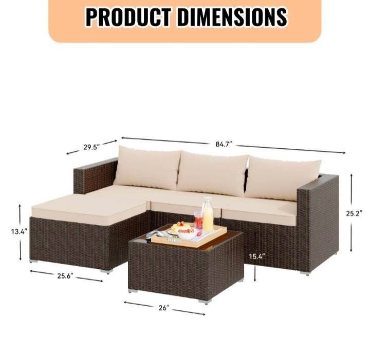 Wicker Patio Conversation Sofa Set with Table and Ottoman (Category: Sofas) located in Manila. Submitted by krissy_mercado (Listing ID 1470827063, Image 1). Description: - Complete set: Brown poly rattan sectional sofa, matching glass-top coffee table, and ottoman footrest - Comfort: Thick beige padded cushions for ultimate outdoor relaxation - Durability: Weather-resistant materials built for gardens, balconies, and poolside setups - Size: Total