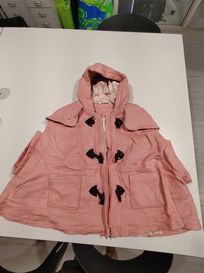 Winter Pink Hooded Cape Coat Size L (Category: Coats, Jackets and Outerwear) located in Makati City. Submitted by rrraiii (Listing ID 1470886307, Image 2). Description: selling my extra winter / autumn fits ❄️ - Brand: Chickeeduick - Color: Pink with pale pink satin lining - Size: L but best fit to S-M - Material: Warm wool-blend - Closure: Front zipper with toggle horn buttons - Pockets: Two front patch pockets - Style: Hooded cape coat, great f