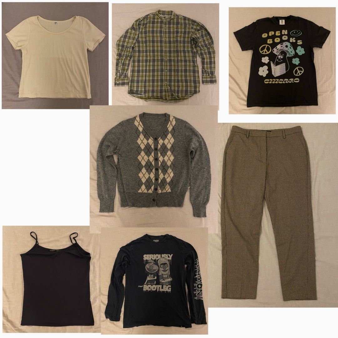 women’s clothing bundle (Category: Shirts) located in Mandaluyong City. Submitted by tinytrinket (Listing ID 1470915197, Image 1). Description: 1. Uniqlo yellow pointelle shirt - XL 2. Muji green men’s flannel - L 3. Zara wool blend cardigan - L/XL (removed the tag and can’t remember exact size) 4. Mango houndstooth trousers - us 10 / eu 42 5. Zara black tank top - M 6. black graphic tee - unisex M 7. black graphic long sleeve - unisex M.