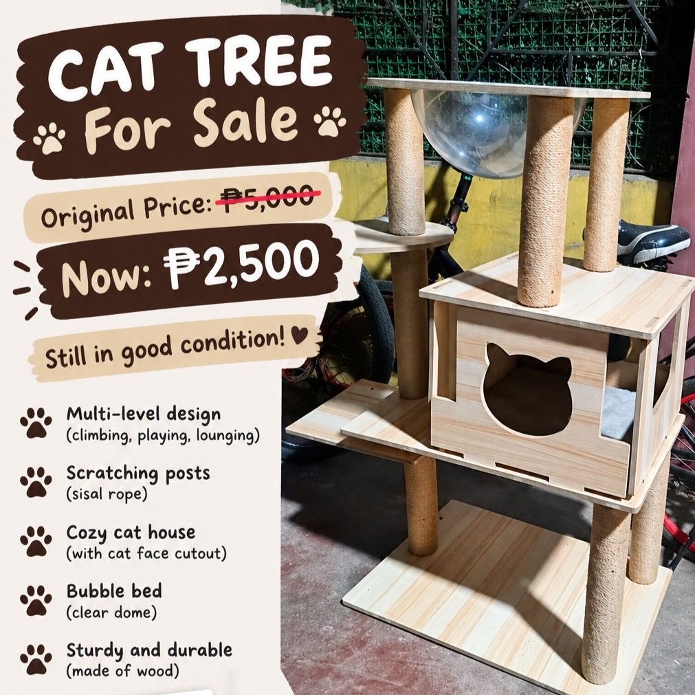 Wooden Multi-Level Cat Tree with Scratching Posts and Bubble Bed (Category: Shelves, Cabinets & Racks) located in Manila. Submitted by uno.1 (Listing ID 1470792238, Image 1). Description: 🐱 CAT TREE FOR SALE — ₱2,500 ONLY! 🐱 Decluttering lang po kasi lilipat na kami, kaya binebenta na itong cat tree. 🤎 ✨ Original price: ₱5,000 🔥 Selling price: ₱2,500 na lang! Good condition pa and hindi rin masyadong nagamit. 🧼 Freshly cleaned and well-maint