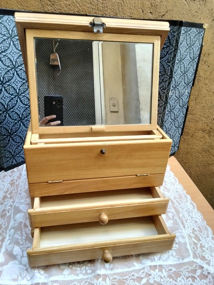 WOODEN VANITY BOX ( with 2 drawers & mirror) (Category: Other Home Furniture) located in Cainta. Submitted by marynette39 (Listing ID 1470891702, Image 3). Description: H-10.5 inches L-12 inches W-9.5 inches ( Japan Surplus).