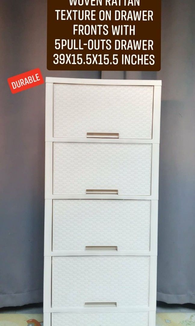 Woven Rattan Drawer (Category: Other Home Furniture) located in Manila. Submitted by jzjapansurplus (Listing ID 1470837767, Image 1). Description: IMPORTED FROM JAPAN WOVEN RATTAN STYLE TEXTURE ON FRONT CHEST DRAWER WITH 5PULL-OUTS 🔰DURABLE POLYPROPYLENE PLASTIC 🔰LIGHTWEIGHT 🔰MODERN LOOK 🔰NO ISSUE‼️ 🔰GOOD CONDITION.