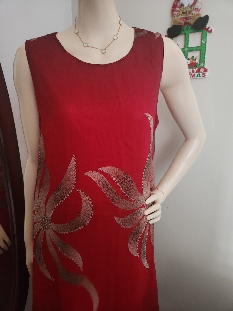 Y-11 Deep Red sleeveless maxi dress (Category: Dresses) located in Tanza. Submitted by wearitagainph (Listing ID 1470817575, Image 1). Description: * Item: Sleeveless embroidered midi/maxi dress * Color: Deep Red / Crimson with gold * Details: Round scoop neckline, sleeveless straight silhouette, lightweight overlay fabric, and elegant metallic floral/leaf embroidered motifs with dotted accents along the front and hem * Style: Elegant, sophistica