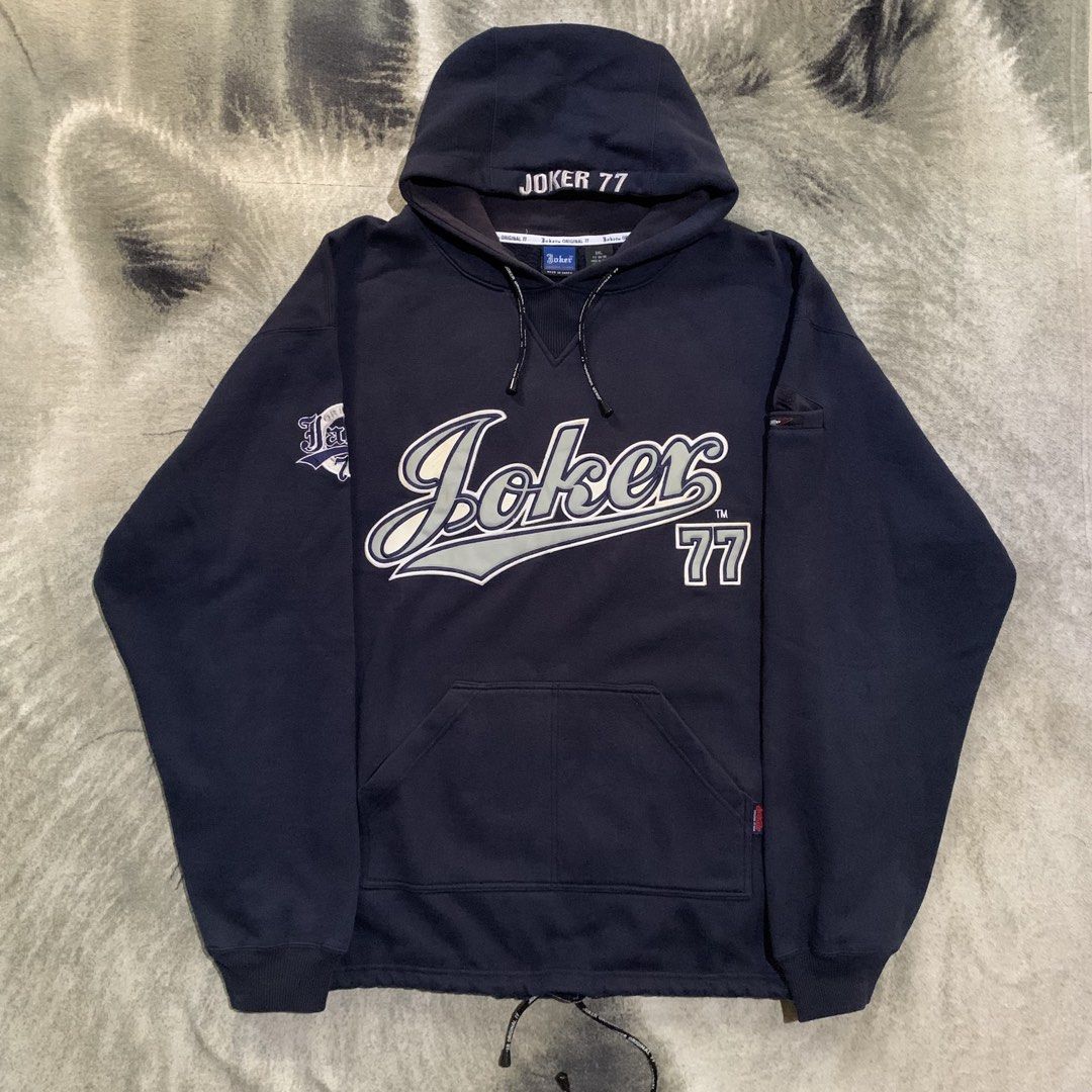 Y2k Joker Hoodie 77 (Category: Coats, Jackets and Outerwear) located in Bulacan. Submitted by puronghustlin (Listing ID 1470745493, Image 1). Description: Vintage Joker Brand 77 Heavyweight Hoodie‼️ Color: Dark Navy Blue / Grey / White Size Tagged: 3XL Dimes: 30W 32L Dm! If Interested All Item are Thrifted‼️‼️ -NoCod -Loc.Malolos Bulacan -Courier. J&T Express.