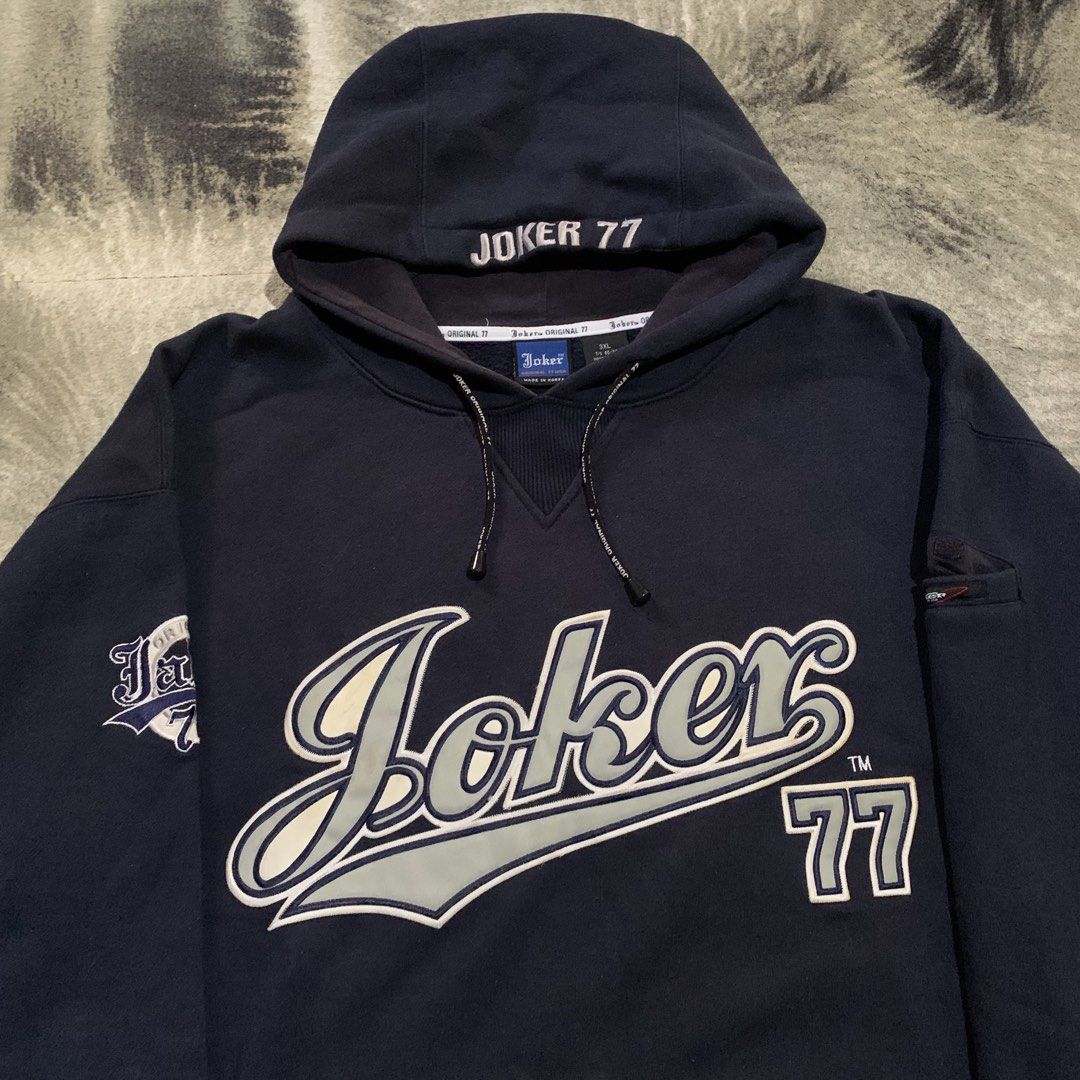 Y2k Joker Hoodie 77 (Category: Coats, Jackets and Outerwear) located in Bulacan. Submitted by puronghustlin (Listing ID 1470745493, Image 2). Description: Vintage Joker Brand 77 Heavyweight Hoodie‼️ Color: Dark Navy Blue / Grey / White Size Tagged: 3XL Dimes: 30W 32L Dm! If Interested All Item are Thrifted‼️‼️ -NoCod -Loc.Malolos Bulacan -Courier. J&T Express.
