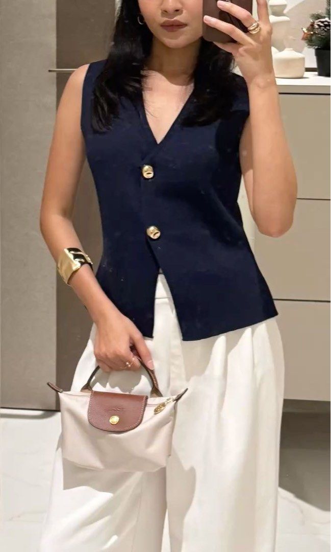 ZARA | Navy Vest Top - Small (Category: Blouses) located in Roxas City. Submitted by elliesuite (Listing ID 1470809505, Image 2). Description: Read: LAST PRICE POSTED ‼️ NO WHEN WORN ‼️ NO MEASUREMENTS ‼️ Brand New with Tags Size: Small Stretchable. HQ Fabric. Gold buttons. SF c/o Buyer. (JRS Express ONLY ₱150 - no other courier) No grab/lala (not from the Metro) All sales are final. No REFUND. No return / exchange. .