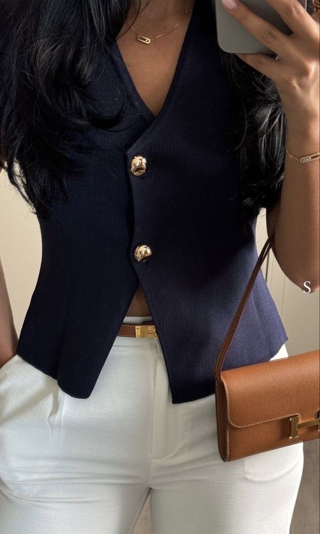 ZARA | Navy Vest Top - Small (Category: Blouses) located in Roxas City. Submitted by elliesuite (Listing ID 1470809505, Image 1). Description: Read: LAST PRICE POSTED ‼️ NO WHEN WORN ‼️ NO MEASUREMENTS ‼️ Brand New with Tags Size: Small Stretchable. HQ Fabric. Gold buttons. SF c/o Buyer. (JRS Express ONLY ₱150 - no other courier) No grab/lala (not from the Metro) All sales are final. No REFUND. No return / exchange. .