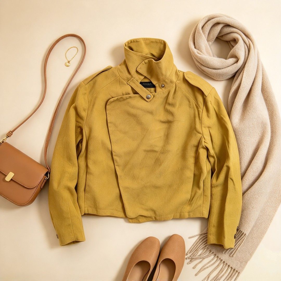 Zara Basic Collection Mustard Yellow (Category: Coats, Jackets and Outerwear) located in Batangas. Submitted by mace2014 (Listing ID 1470860687, Image 1). Description: - Brand: Zara Basic Collection - Color: Mustard Yellow - Style: jacket with asymmetrical front button closure and stand collar - Details: Shoulder epaulets, lightweight transitional fabric - Condition: Clean inside and out, ready to ship.