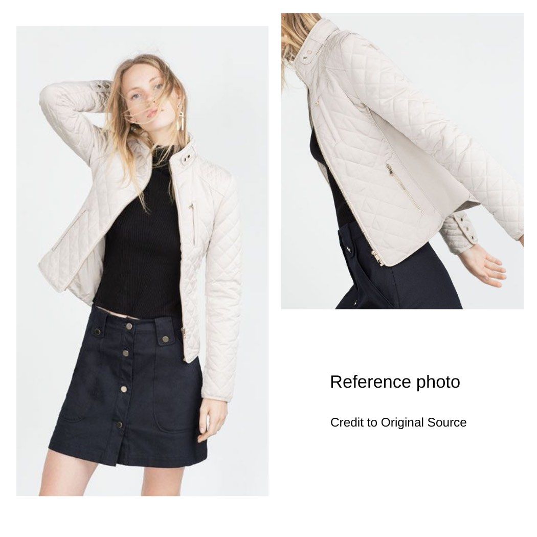 ZARA Beige Diamond Quilted Fitted Jacket (Size S) (Category: Coats, Jackets and Outerwear) located in Baguio. Submitted by lctrendz (Listing ID 1470869463, Image 2). Description: Quilted polyester jacket. Diamond pattern quilting, high neck collar with snap closure, full-length front zip with snap placket, and ribbed side panels for a fitted silhouette. Fully lined. Brand: ZARA Color: Beige Condition: Excellent Condition Size: Small Measurements 