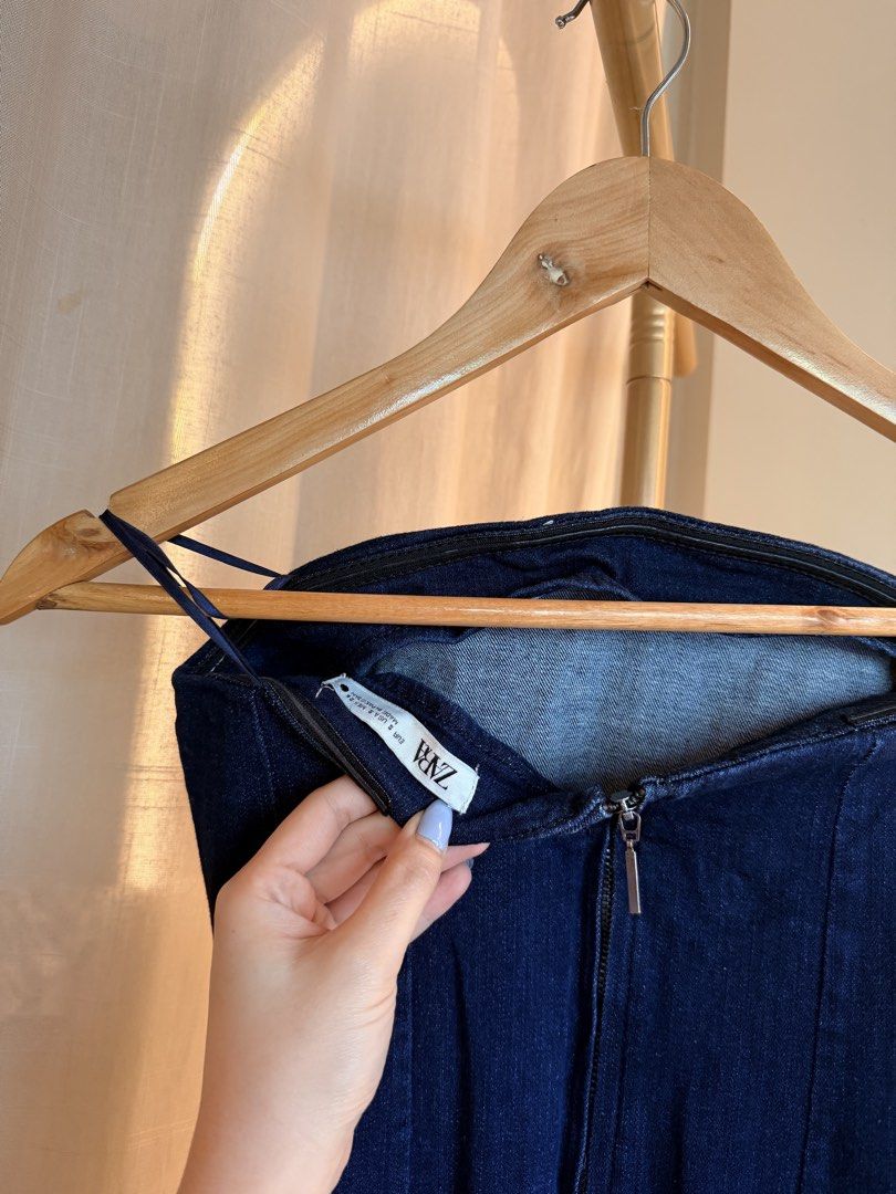 ZARA dark long denim dress (Category: Dresses) located in Taytay. Submitted by chloweann (Listing ID 1470823549, Image 3). Description: Brand: ZARA Size: Small style: tube dark denim, zip back and with rubber slip.