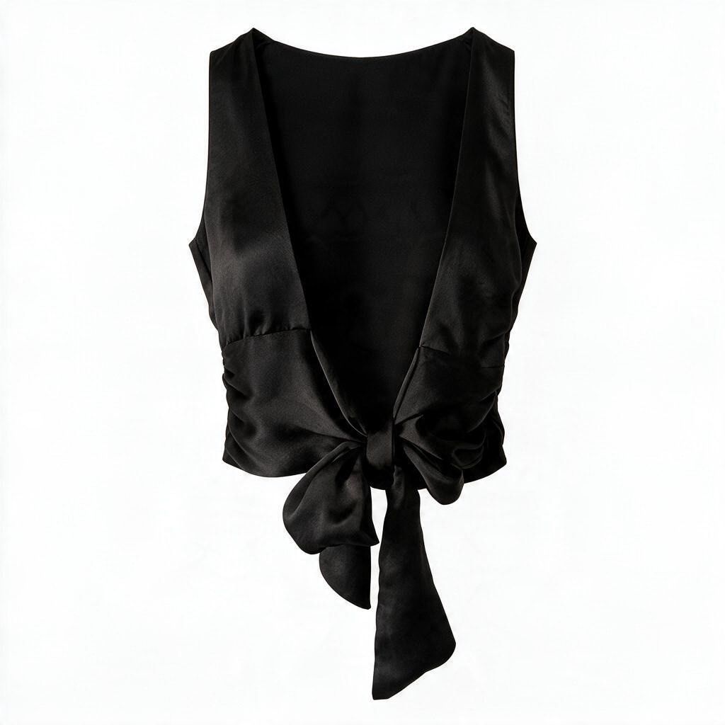 ZARA Draped Top with Back Tie in Black (Category: Sleeveless) located in Batangas. Submitted by wearmegals (Listing ID 1470817483, Image 2). Description: - Color: Sleek black with a subtle, elegant sheen - Material: Lightweight, premium silk-like fabric - Neckline: High neck with gentle front gathering - Details: Flattering side ruching along the length - Back: Trendy deep V-cut with a large fabric tie at the hem - Style: Sleeveless, chic, and ve