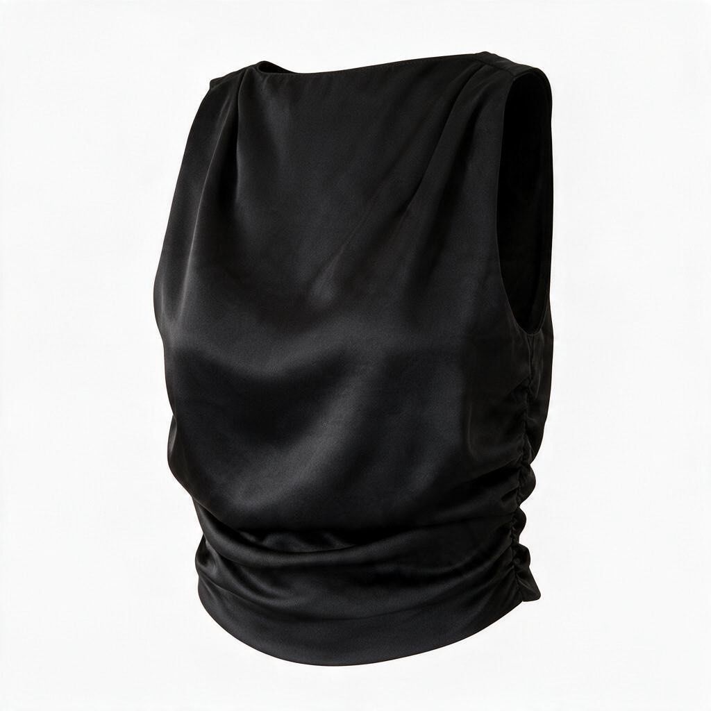 ZARA Draped Top with Back Tie in Black (Category: Sleeveless) located in Batangas. Submitted by wearmegals (Listing ID 1470817483, Image 1). Description: - Color: Sleek black with a subtle, elegant sheen - Material: Lightweight, premium silk-like fabric - Neckline: High neck with gentle front gathering - Details: Flattering side ruching along the length - Back: Trendy deep V-cut with a large fabric tie at the hem - Style: Sleeveless, chic, and ve