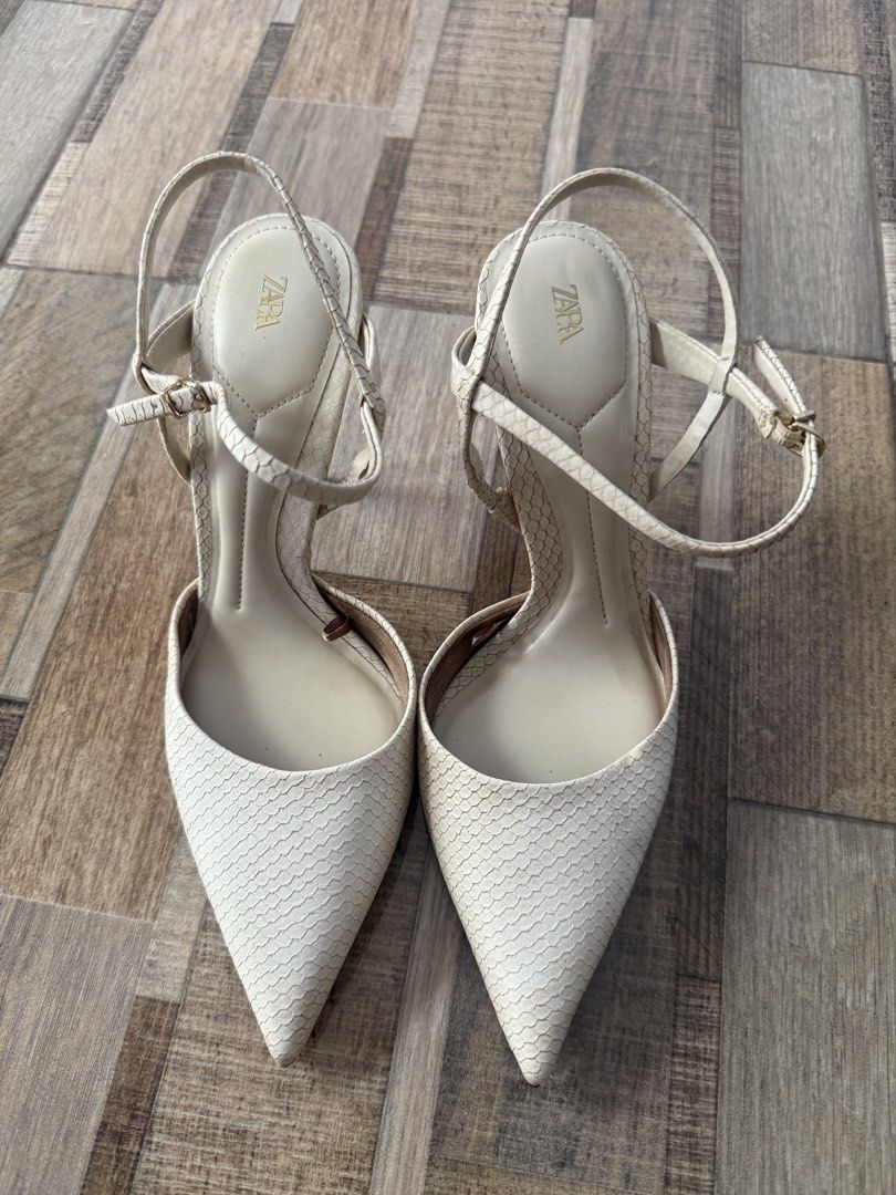 Zara Embossed Slingback Heels (Category: Heels) located in Legazpi City. Submitted by chindecluttrs (Listing ID 1470792685, Image 2). Description: - Brand: Zara - Style: Slingback heels with pointed toes and stiletto heels - Used once only - Heel height: 3.9 inch - Size: 37.