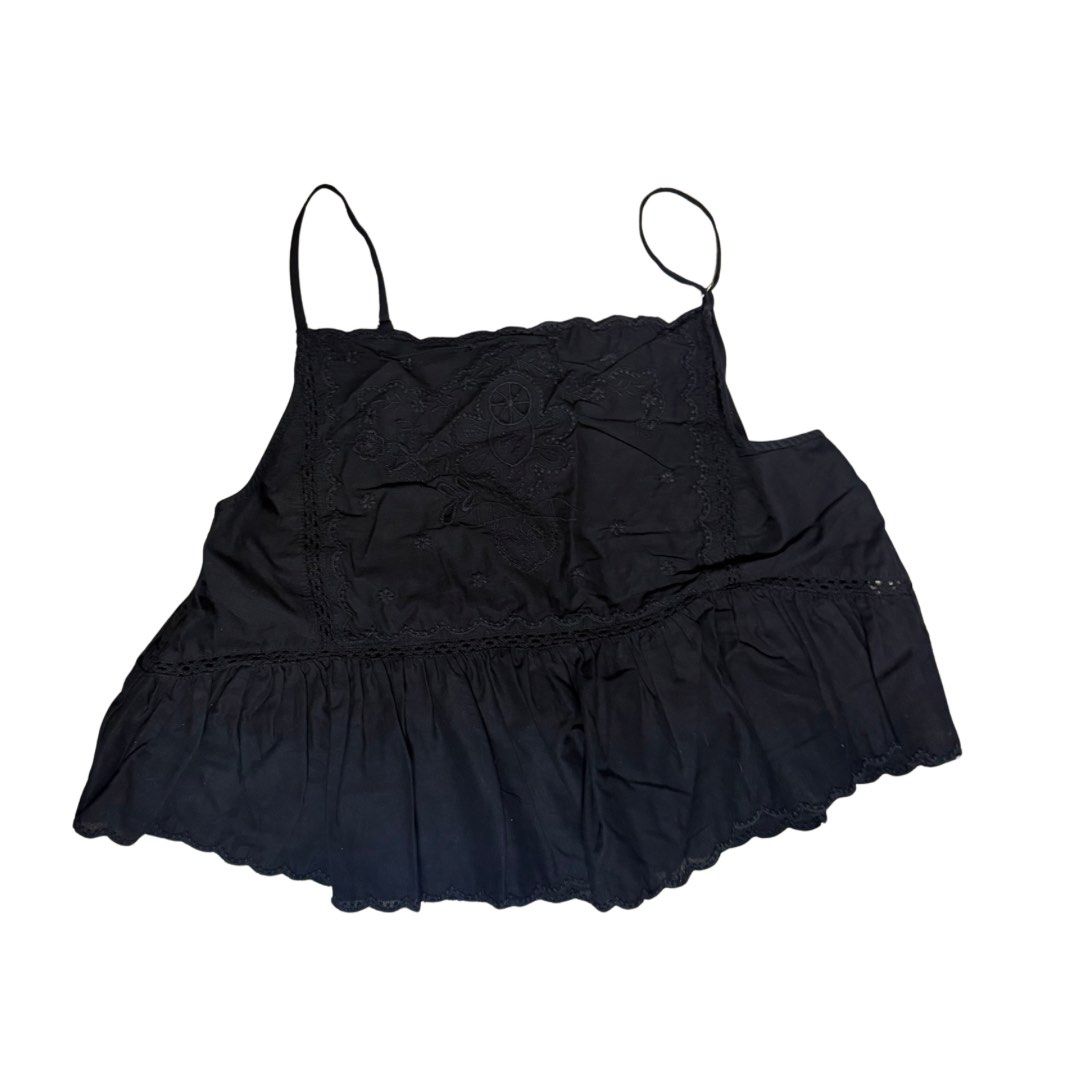 Zara Flowy Tank Black Embroidered Size S (Category: Sleeveless) located in Quezon City. Submitted by bmason0408 (Listing ID 1470827135, Image 2). Description: - Brand: Zara - Size: Small (S) - Color: Black - Details: Delicate tonal embroidery on front chest panel - Straps: Thin spaghetti straps - Hem: Flared peplum hem with subtle scalloped edges - Material: Lightweight cotton, ideal for warm weather or layering - Condition: Excellent, used twice