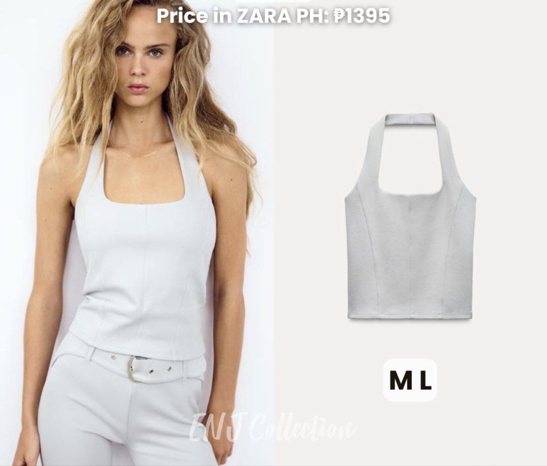 ZARA Halter Neck Top (Category: Sleeveless) located in Marikina City. Submitted by zarahlovestoshop (Listing ID 1470804394, Image 1). Description: - Brand: ZARA - Item: Halter Neck Top - Color: Light Grey - Size: M-L - Original Price: ₱1395 - Features: Square neckline, structured front panels, sleek fitted style - Styling: Great for a night out, easily pairs with trousers or skirts -Used Once -MOP: Bpi or Gcash only -SF c/o buyer.