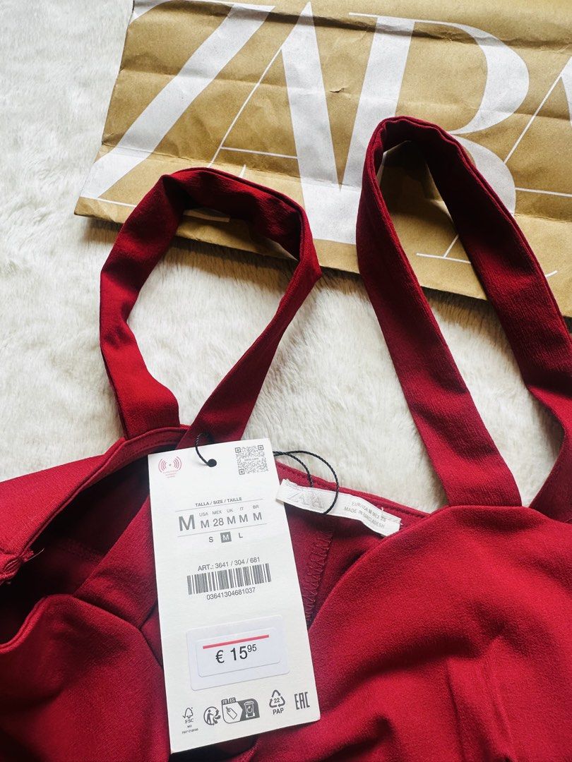 Zara Red Bodysuit (Category: Blouses) located in Marikina City. Submitted by zarahlovestoshop (Listing ID 1470796728, Image 3). Description: - Brand: Zara - Size: Medium - Color: Red - Style: Sweetheart neckline with thick straps and fitted silhouette - Condition: Brand new with tags (Original price €15.95) - SF c/o buyer -MOP: Bpi or Gcash only .
