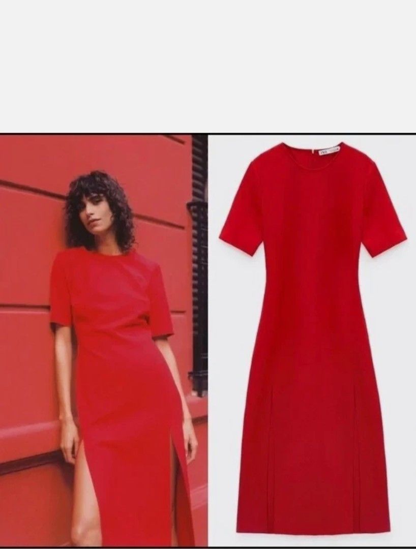 Zara Red Midi Dress with Front Slits (Category: Dresses) located in Batangas. Submitted by mace2014 (Listing ID 1470861025, Image 2). Description: - Brand: Zara - Color: Vibrant red - Style: Midi dress with short sleeves, round neckline, structured fit, and back zip closure - Details: Two bold slits at the front skirt - Condition: Worn once, properly stored in the wardrobe - Occasion: Ideal for dinners, parties, or dates.