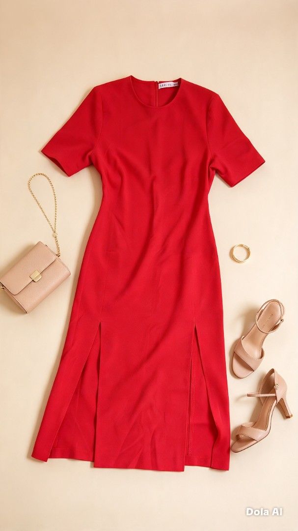 Zara Red Midi Dress with Front Slits (Category: Dresses) located in Batangas. Submitted by mace2014 (Listing ID 1470861025, Image 1). Description: - Brand: Zara - Color: Vibrant red - Style: Midi dress with short sleeves, round neckline, structured fit, and back zip closure - Details: Two bold slits at the front skirt - Condition: Worn once, properly stored in the wardrobe - Occasion: Ideal for dinners, parties, or dates.