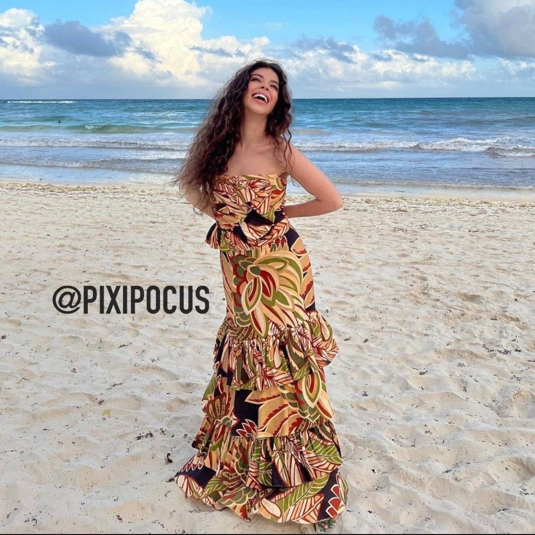 Zara Tropical Leaf Print Ruffle Two-Piece Set (Category: Sets or Coordinates) located in Taguig. Submitted by ashie_clothing (Listing ID 1470844591, Image 1). Description: - Brand: Zara - Style: Matching strapless bandeau top and long layered tiered maxi skirt set - Print/Color: Bold tropical leaf print in olive green, tan, brown, and black - Details: Ruffle accents on the top and bottom tiers - Size: XL (applies to both top and bottom) - Origin: