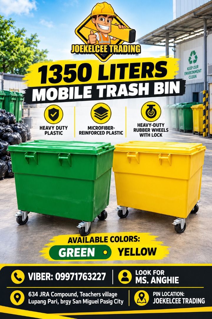 1350 LITERS MOBILE TRASH BIN (Category: Waste Bins & Bags) located in Caloocan City. Submitted by calmhawk_a2cd7a (Listing ID 1470994886, Image 1). Description: MOBILE TRASH BIN 1350 LITERS HEAVY DUTY PLASTIC MADE FROM FIBER GLASS REINFORCED PLASTIC WITH HEAVY DUTY RUBBER WHEELS WITH LOCK We also have Barrier / traffic cone / ppe's / cover all Trash bin / cooler box / kayak / freezer jacket Safety shoes / rainboots/ raincoat ✅ actual picture 💯 %