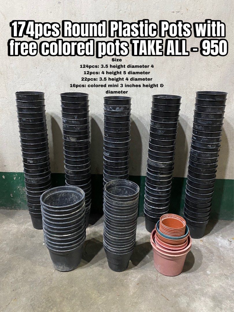 174 pcs Plastic Pots TAKE ALL (Category: Pots & Planters) located in Manila. Submitted by dealrack (Listing ID 1471062626, Image 1). Description: .