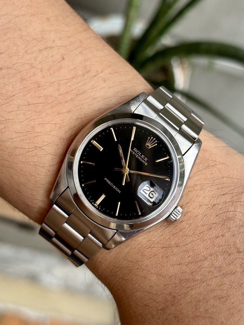 1978 Rolex Oysterdate Precision Black Gilt Dial (Category: Luxury Watches) located in Marikina City. Submitted by thewatchdon.ph (Listing ID 1470985197, Image 2). Description: Hard to find in this condition 🤩 1978 Rolex Oysterdate Precision Black Gilt Dial 148k only‼️ - ref. 6694 - 34mm diameter - cal. 1225 manual wind - long 12 links original heavy oyster bracelet - all orig & period correct 9/10 condition guaranteed authentic & always open for