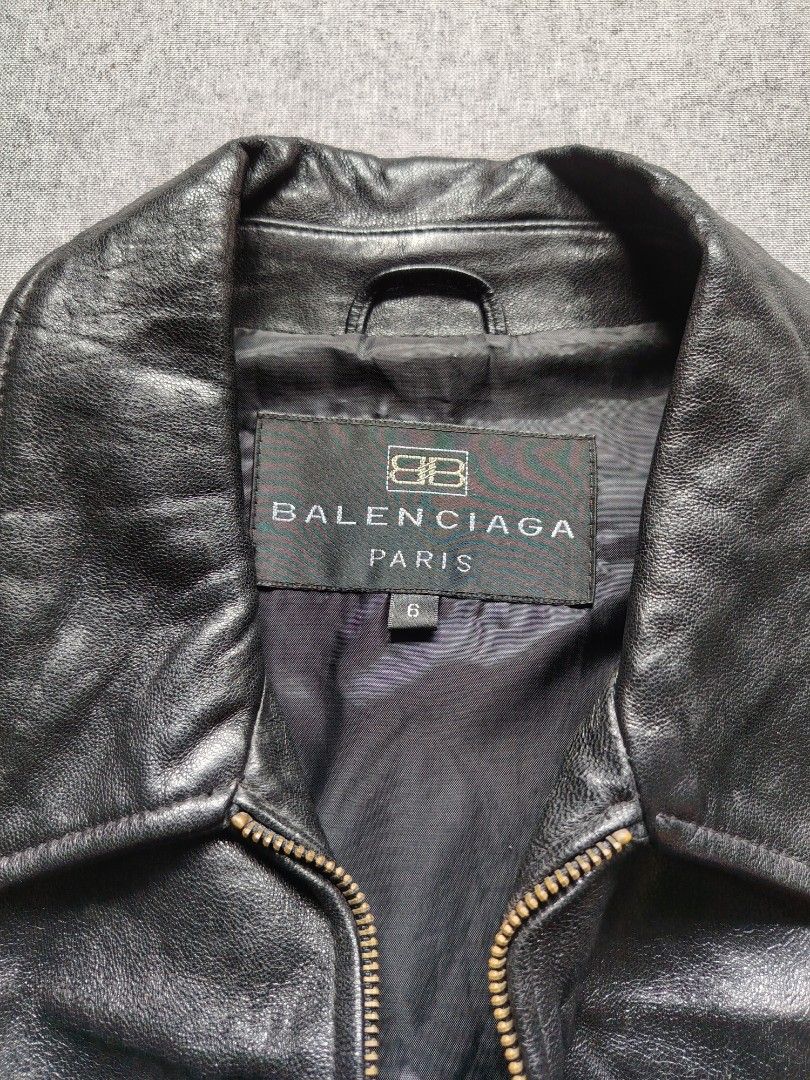 1997 Balenciaga by Nicolas Ghesquière Leather Jacket (Category: Coats, Jackets and Outerwear) located in Taguig. Submitted by _theroom.ph (Listing ID 1470976921, Image 3). Description: - Authentic Balenciaga Paris black leather jacket - Size: 6 - Closure: Front zip with standard shirt collar and buttoned cuffs - Pockets: Small chest zip pocket, two lower hand pockets, and one internal buttoned pocket - Interior: Fully lined - Condition: Excellent