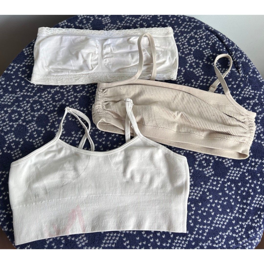 3 PCs Bralette Bra, Strapless Tube bundle (Category: Activewear) located in Quezon City. Submitted by all_items_50_each (Listing ID 1471061212, Image 1). Description: 3 PCs Bralette Bra, Strapless Tube bundle Fits S *brand and size is posted, as long as it is readable, measurements via tape measure-laid flat, is also posted *wash before wearing, may have lints, dirt/stains (due to storage), color-bleed stains, esp. light colored, with normal sign