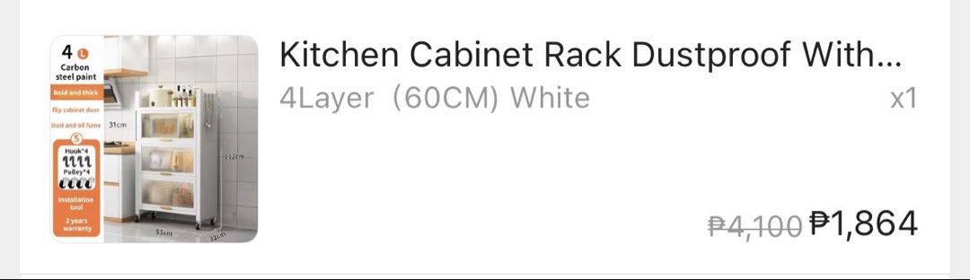 4 Layer White Dustproof Kitchen Cabinet Rack (Category: Shelves, Cabinets & Racks) located in Caloocan City. Submitted by mcarmiladm (Listing ID 1471097494, Image 2). Description: White kitchen storage rack with 4 layers and flip cabinet doors. Chat for actual picture.