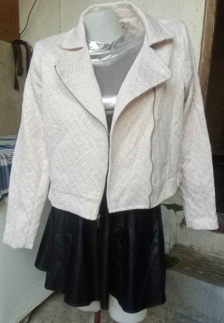 A New Day White Tweed Biker Jacket Size S (Category: Coats, Jackets and Outerwear) located in Cavite. Submitted by garinmaric11231 (Listing ID 1470973131, Image 1). Description: - Style: White textured tweed biker jacket with subtle sparkly threads - Fit: Size S (Made in Indonesia) - Details: Asymmetric front zipper, wide lapel collar, structured shoulders, and button tab hem - Interior: Fully lined for comfort - Condition: Brand new with tag att