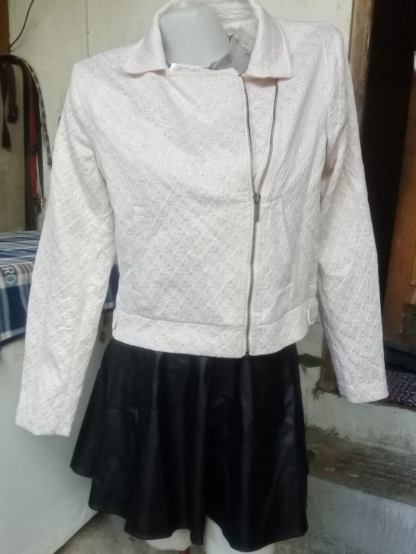 A New Day White Tweed Biker Jacket Size S (Category: Coats, Jackets and Outerwear) located in Cavite. Submitted by garinmaric11231 (Listing ID 1470973131, Image 2). Description: - Style: White textured tweed biker jacket with subtle sparkly threads - Fit: Size S (Made in Indonesia) - Details: Asymmetric front zipper, wide lapel collar, structured shoulders, and button tab hem - Interior: Fully lined for comfort - Condition: Brand new with tag att