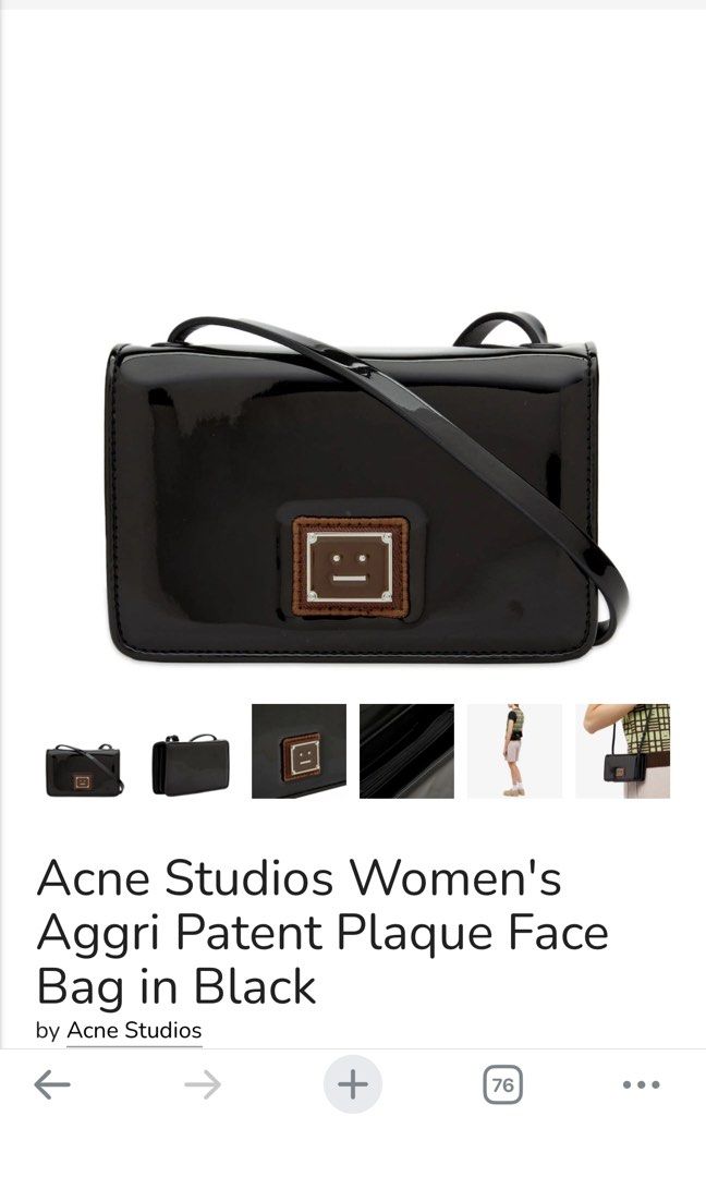 Acne Studios Aggri Patent Plaque Face Bag Black (Category: Luxury Bags & Wallets) located in Calamba. Submitted by anneramos0929 (Listing ID 1471045436, Image 1). Description: Acne Studios Aggri patent plaque face shoulder bag in black. Glossy faux patent leather finish. Signature metal face plaque on the front. Adjustable strap, zip compartment, and snap button closure. Compact everyday crossbody bag style. Original retail price around two hundr