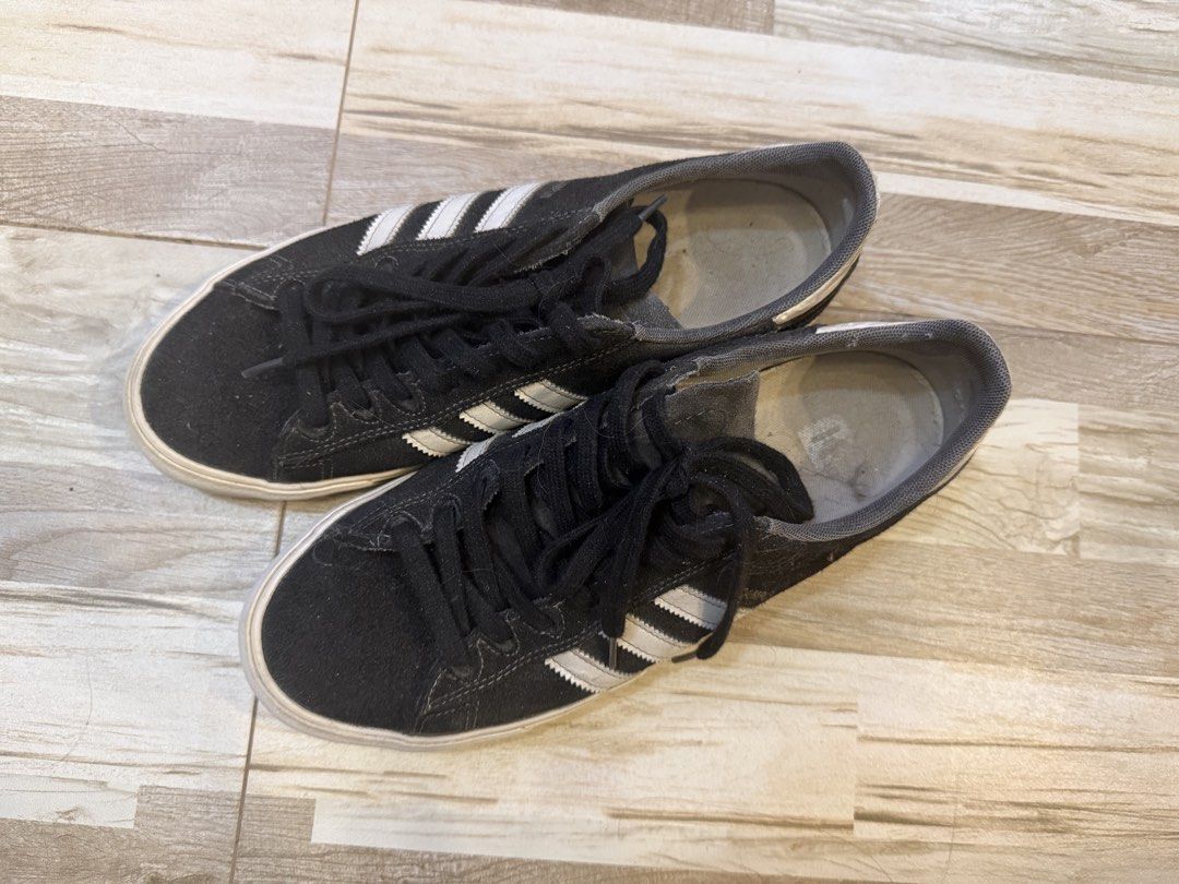 Adidas Campus BnW US 10 (Category: Sneakers) located in Manila. Submitted by safeowl.b6dbb0 (Listing ID 1471019366, Image 2). Description: - Brand: Adidas - Model: Campus - Colorway: Black Suede with White Stripes and Laces - Soles: Gum rubber with great traction - Details: Iconic gold foil branding on side panels and heel tabs - Condition: Pre-loved (shows wear on interior insoles, minor scuffs on white midsoles, and cracking on leather heel tab