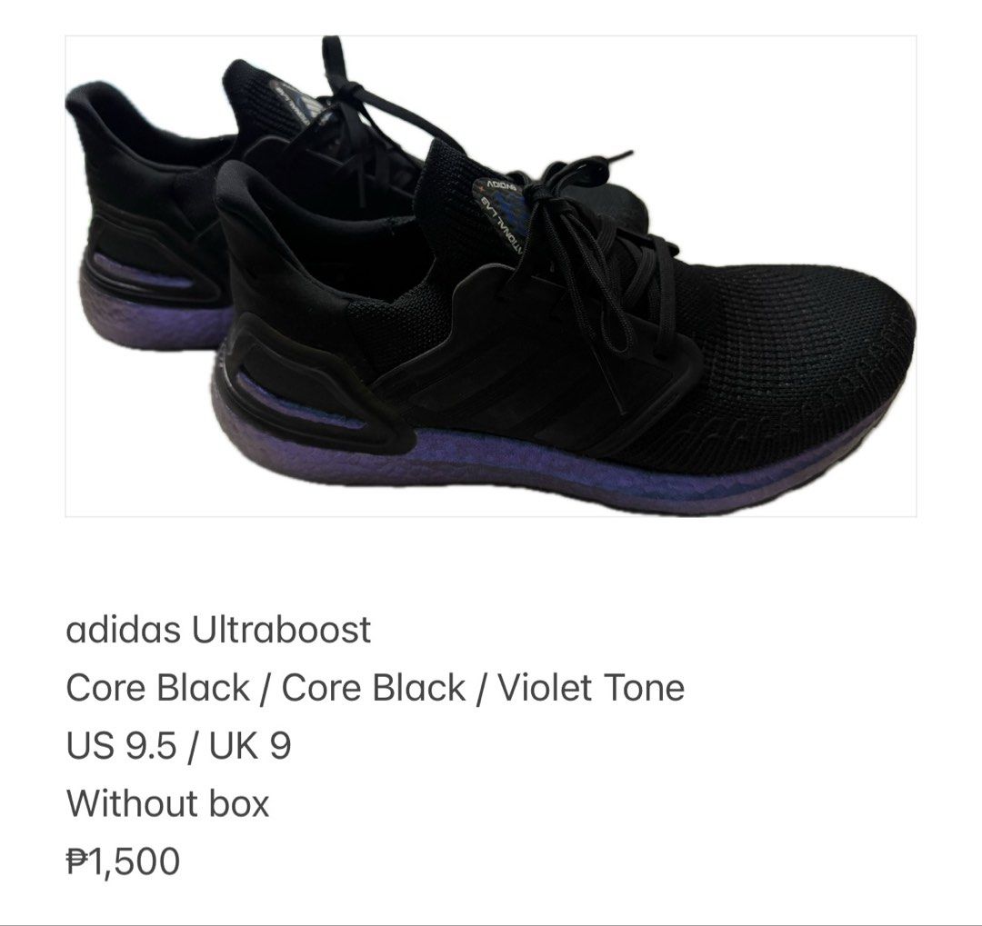 adidas Ultraboost Core Black / Violet Tone (Category: Sneakers) located in Manila. Submitted by aybi.7.3.1 (Listing ID 1471062275, Image 1). Description: - Brand: Adidas Ultraboost - Color: Core Black with Violet Tone midsole accents - Size: US 9.5 / UK 9 - Upper: Primeknit for breathable comfort - Cushioning: Responsive Boost midsole placement pair (no original box) - Best for: Daily runs, workouts, or stylish casual wear.