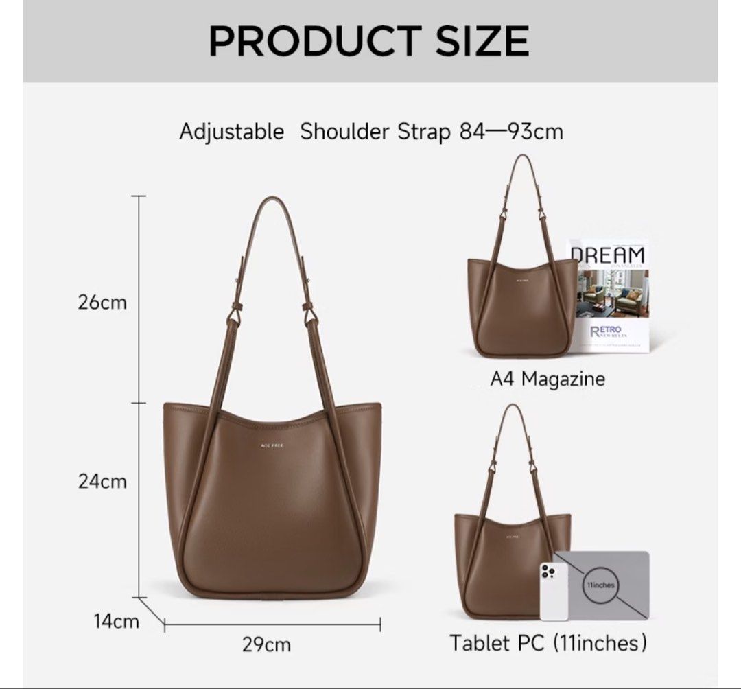AGE FREE Brown Shoulder Tote Bag with Pouch (Category: Shoulder Bags) located in Manila. Submitted by katgarciamnl (Listing ID 1470933023, Image 3). Description: - Color: Brown - Material: Soft leather-like, lightweight at just 0.59kg - Dimensions: 29cm (L) x 24cm (H) x 14cm (W) - Capacity: Easily fits A4 magazines and 11-inch tablets with plenty of room for daily essentials - Strap: Adjustable and removable (approx. 84 to 93cm) - Bonus: Comes wi