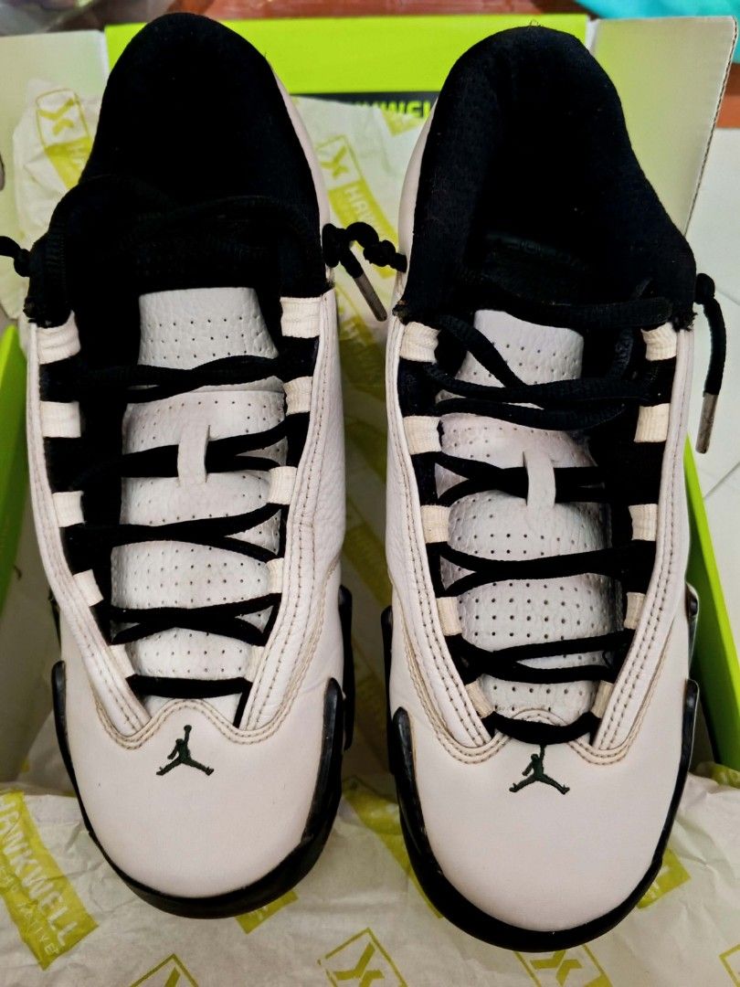 Air Jordan 14 Retro White Black (Category: Vintage Collectibles) located in Manila. Submitted by grl.mon31 (Listing ID 1471069161, Image 2). Description: - Model: Air Jordan 14 Retro - Colorway: White and Black - Material: Premium tumbled leather upper with perforated tongue detailing - Branding: Classic embroidered Jumpman logo on the toe box - Details: Black laces and matching inner lining - Packaging: Original box included - Condition: Well-ma