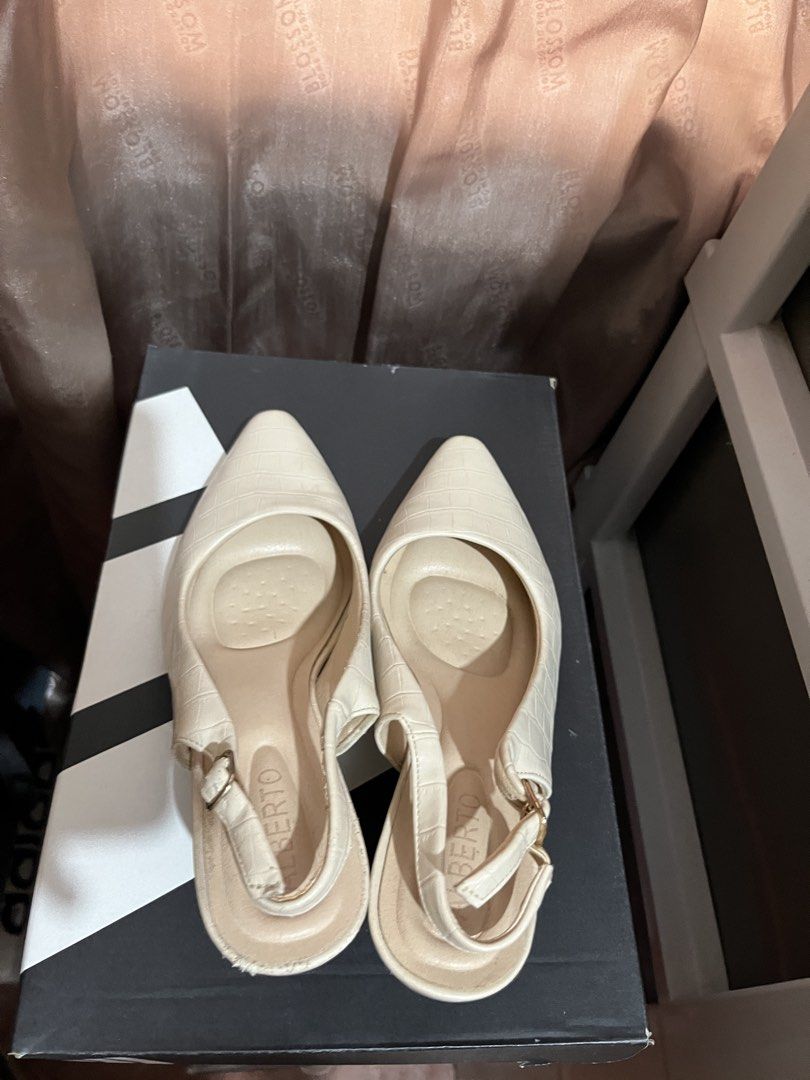 Alberto Beige Slingback Heels (Category: Heels) located in Dumaguete. Submitted by _preloved09 (Listing ID 1471011841, Image 1). Description: Brand: Alberto Style: Slingback heels with pointed toe and mid-heel Color / Material: Beige croc-embossed faux leather Comfort: Cushioned insole with stamped logo Authentic!! Helping tags: Zara, Charles & Keith, Puma, Adidas, H&M.