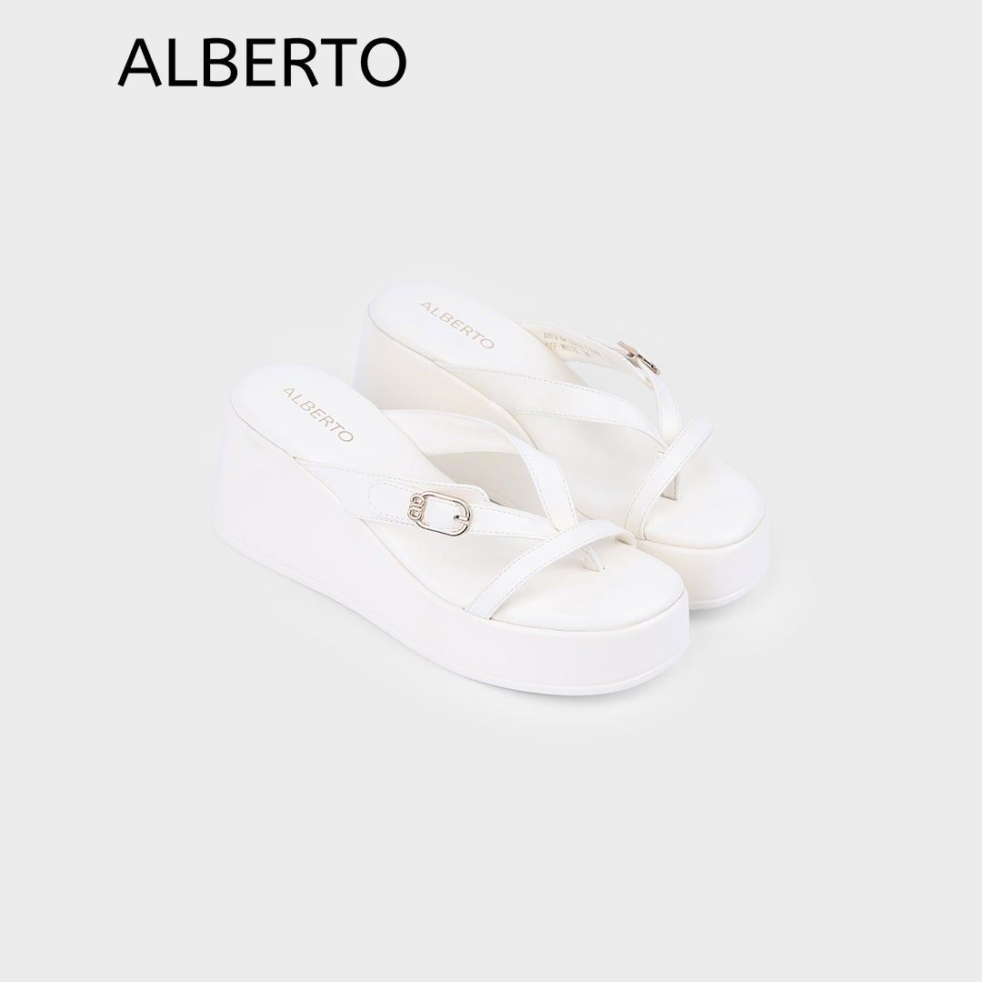 Alberto White Platform Wedge Sandals (Category: Wedges) located in Manila. Submitted by sarah_200130 (Listing ID 1471023162, Image 1). Description: - Brand: Alberto - Style: Thong strap platform wedge sandals with side buckle detail - Color: White - Heel: Chunky heel for added height and stability - Inclusion: Original shoebox included - Mode of Payment: GCash, BPI, or COD via Shopee/Lazada checkout - Shipping: Via J&T Express (Buyer shoulders sh