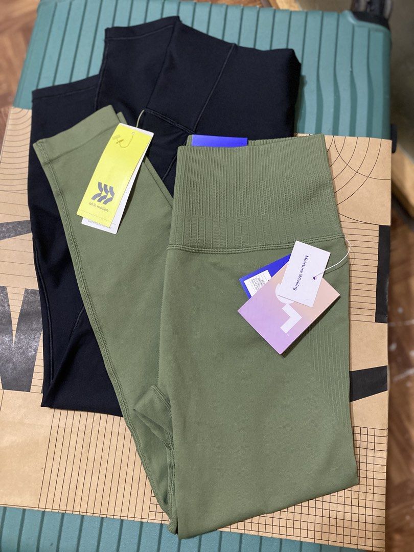 All in Motion & Lab Joy High-Rise Leggings Bundle (Category: Activewear) located in Batangas. Submitted by lux_kimmy (Listing ID 1470967437, Image 1). Description: - Bundle of 2 brand new 7/8 length high-rise leggings with original tags attached (Retail value: $30 each) - Pair 1: Lab Joy Green Ribbed Seamless Leggings featuring flexible, moisture-wicking knit fabric - Pair 2: All in Motion Black Pocketed Leggings equipped with UPF 50+ sun protect