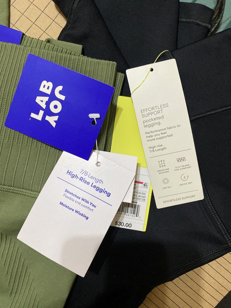 All in Motion & Lab Joy High-Rise Leggings Bundle (Category: Activewear) located in Batangas. Submitted by lux_kimmy (Listing ID 1470967437, Image 3). Description: - Bundle of 2 brand new 7/8 length high-rise leggings with original tags attached (Retail value: $30 each) - Pair 1: Lab Joy Green Ribbed Seamless Leggings featuring flexible, moisture-wicking knit fabric - Pair 2: All in Motion Black Pocketed Leggings equipped with UPF 50+ sun protect