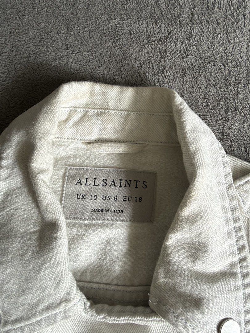 All Saints White Denim Balfern Jacket (Category: Coats, Jackets and Outerwear) located in Lipa City. Submitted by bagabonds (Listing ID 1470938405, Image 2). Description: The care tag inside has been cut off since the item was used personally. However, as shown in the photos, there is proof that the care tag was originally there. Drop your offers ☺️.
