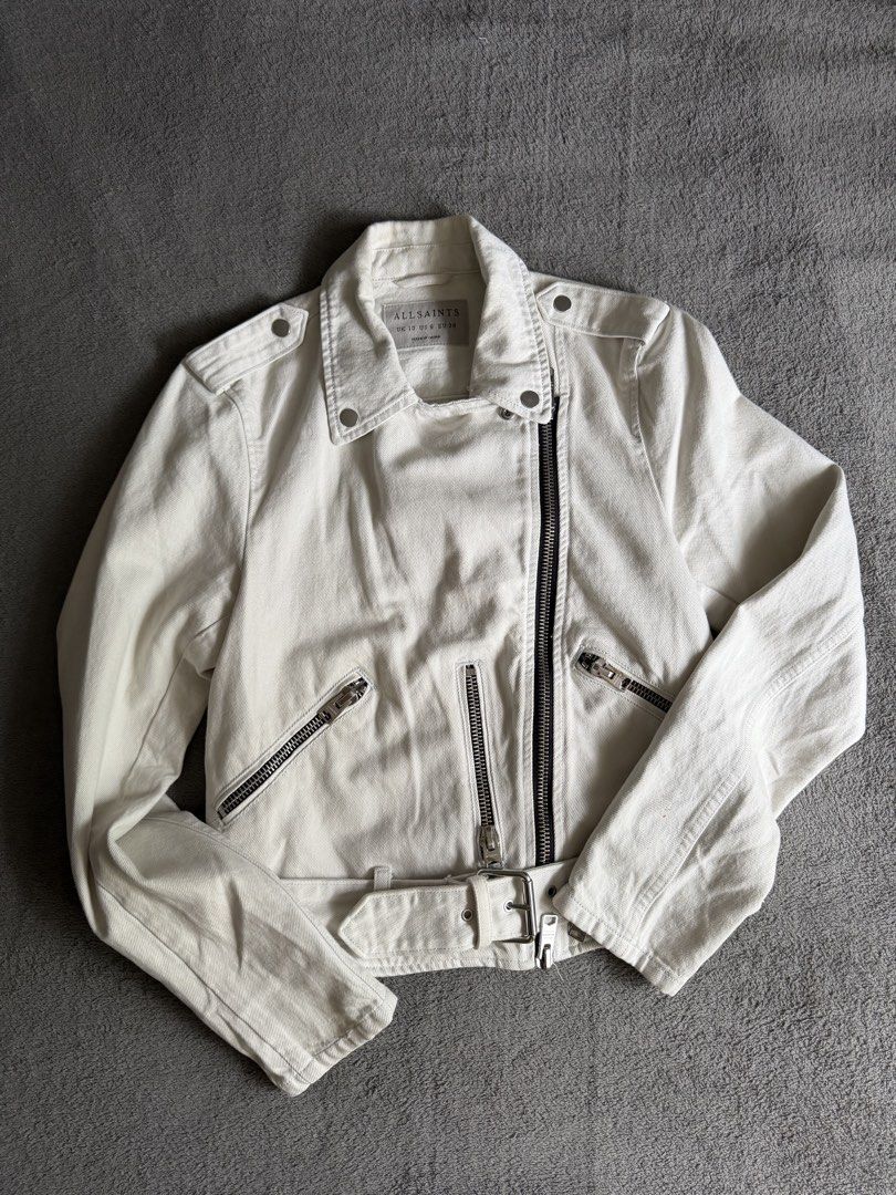 All Saints White Denim Balfern Jacket (Category: Coats, Jackets and Outerwear) located in Lipa City. Submitted by bagabonds (Listing ID 1470938405, Image 1). Description: The care tag inside has been cut off since the item was used personally. However, as shown in the photos, there is proof that the care tag was originally there. Drop your offers ☺️.