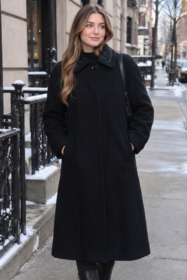 ALORNA VINTAGE WOOL OVERCOAT (Category: Coats, Jackets and Outerwear) located in Pagsanjan. Submitted by thriftyclothes33 (Listing ID 1471067792, Image 1). Description: 🖤 ALORNA VINTAGE WOOL OVERCOAT 🖤 ✨ Classic vintage style ✨ Elegant pointed collar with textured stitching ✨ Long overcoat design ✨ Timeless black color 🖤 ✨ Perfect for a classy, sophisticated look 📏 Size: Medium on tag 📐 Width: 22 inches 📐 Length: 45 inches 💰 PRICE: ₱1180 +
