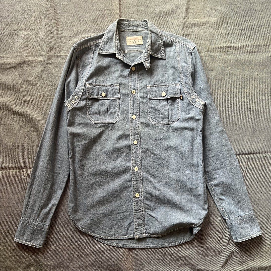 Alpha Industries Blue Chinstrap Chambray Work Shirt (Category: Formal Shirts) located in Manila. Submitted by minsanseller_madalasbuyer (Listing ID 1470976757, Image 1). Description: Alpha Industries Blue Chinstrap Chambray Work Shirt Chest - 18.5” Length - 27” (Back is 28”) Shoulder - 16” Sleeve - 25” - Light blue cotton fabric. - Reinforced white triple-stitching along the seams. - Curved back yoke, armpit vent eyelets for added breathability, 