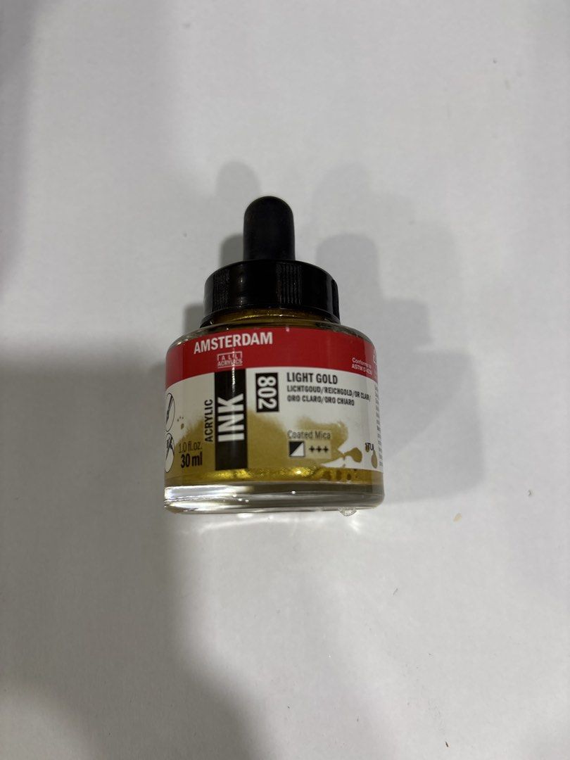 Amsterdam Acrylic Ink Light Gold 802 30ml (Category: Craft Supplies & Tools) located in Mandaluyong City. Submitted by clothescarousel (Listing ID 1470989030, Image 1). Description: - Brand: Amsterdam Acrylic Ink - Color: Light Gold (Color No. 802) - Size: Standard 30ml bottle with convenient dropper cap - Condition: Brand new, completely full, and unopened - Formula: High-flow with coated mica for a stunning finish - Perfect for: Painting, calli