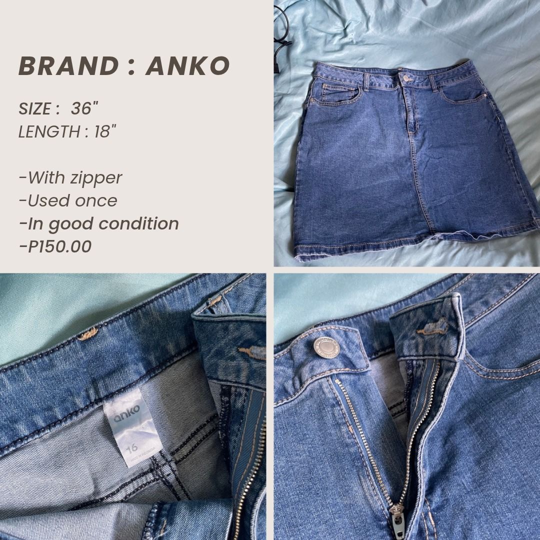 Anko Denim Skirt Size 36 (Category: Skirts) located in Guiguinto. Submitted by plumpypeachyyy (Listing ID 1470951083, Image 1). Description: - Brand: Anko - Style: Classic blue denim skirt - Condition: Worn once, basically new - Size: 36 waist - Length: 18 inches - Closure: Front zipper with button - Material: Sturdy denim - Perfect as an everyday wardrobe basic.