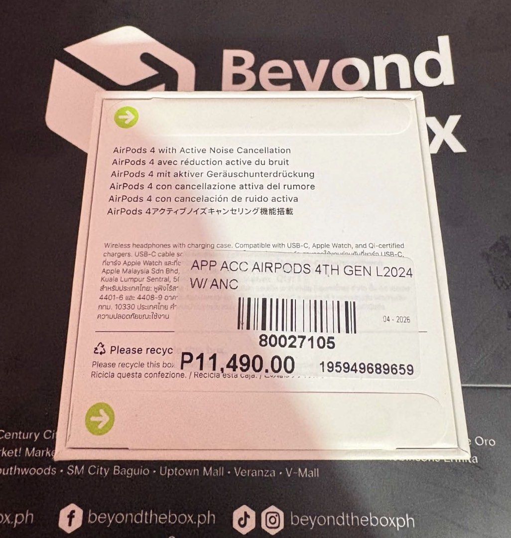 Apple AirPods 4 with Active Noise Cancellation (Category: Earphones) located in Pasay City. Submitted by rouxcollectibles (Listing ID 1471018676, Image 2). Description: Airpods 4 with ANC From Beyond the box Selling for 7,000 ( 5745 + 1255 ) Brand New Complete with receipt Meetup - Robinsons Manila, SM Mall of Asia, Vito Cruz/DLSU.